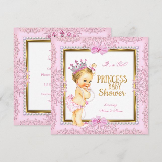 Convite Chuva de Bebê Princesa Dourado Rosa Pérolas Renda  (Frente/Verso)