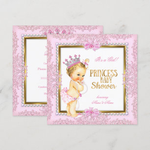 Convite Chuva de Bebê Princesa Dourado Rosa Pérolas Renda