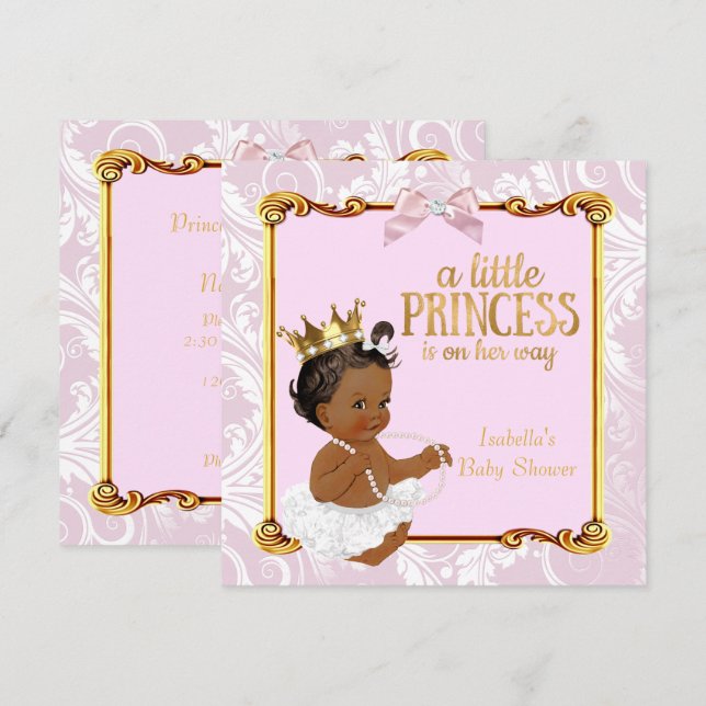 Convite Chuva de Bebê Princesa Étnica Branco Rosa Dourado (Frente/Verso)