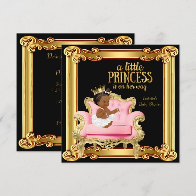 Convite Chuva de Bebê Princesa Étnica Cadeira Preta Rosa D (Frente/Verso)
