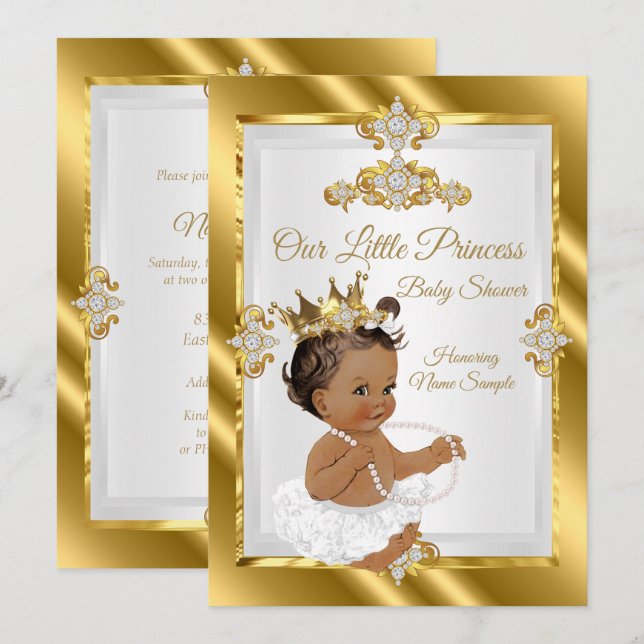 Convite Chuva de Bebê Princesa Étnica Dourado Branco (Frente/Verso)