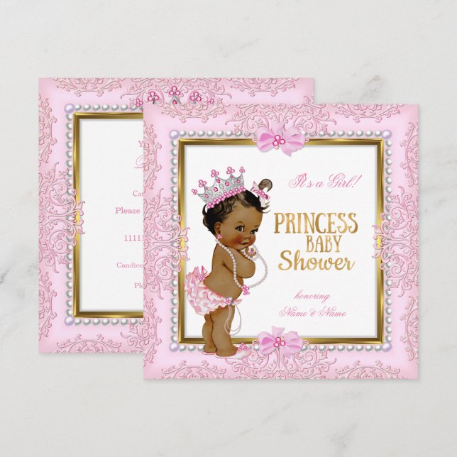 Convite Chuva de Bebê Princesa Étnica Dourado Rosa Pérolas (Frente/Verso)