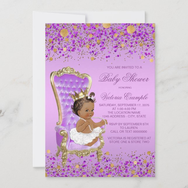Convite Chuva de Bebê Princesa Étnica Lilás Dourada (Frente)