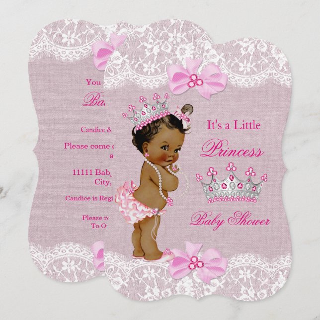 Convite Chuva de Bebê Princesa Étnica Menina Rosa Linho co (Frente/Verso)