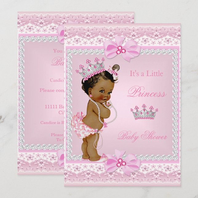 Convite Chuva de Bebê Princesa Étnica Menina Tiara Pérolas (Frente/Verso)