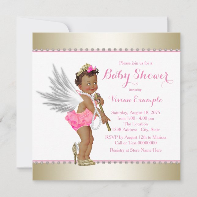 Convite Chuva de Bebê Princesa Étnica Rosa Dourado Anjo (Frente)