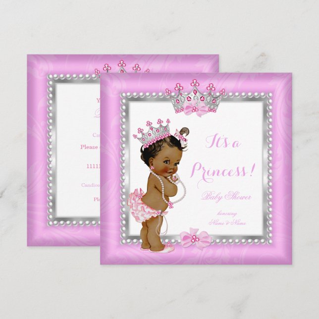 Convite Chuva de Bebê Princesa Étnica Rosa Pérola Prata (Frente/Verso)
