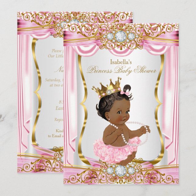 Convite Chuva de Bebê Princesa Étnica Rosa Seda Dourado (Frente/Verso)