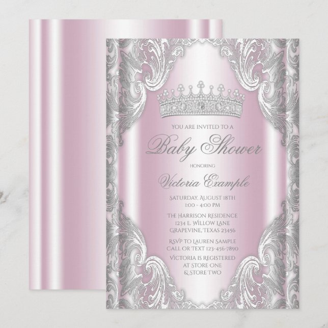 Convite Chuva de Bebê Princesa Fantasia Cinza Prata Rosa (Frente/Verso)