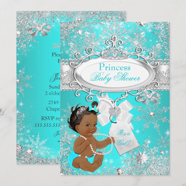 Convite Chuva de Bebê Princesa Flocos de Neve Aqua Étnico (Frente/Verso)