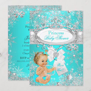 Convite Chuva de Bebê Princesa Flocos de Neve Aqua Loura