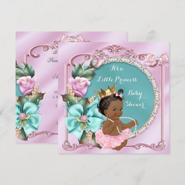 Convite Chuva de Bebê Princesa Floral Turquesa Rosa Étnico (Frente/Verso)