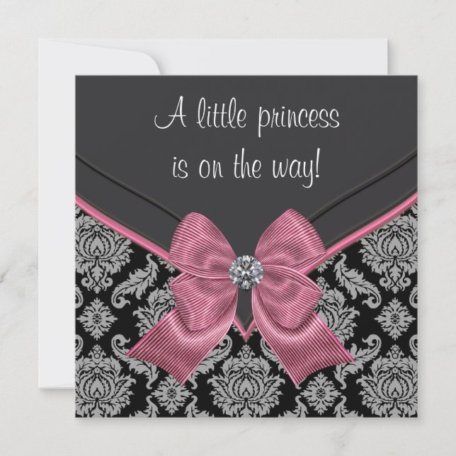 Convite Chuva de Bebê Princesa Laço Rosa Damasco Preto (Frente)
