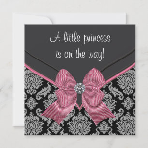 Convite Chuva de Bebê Princesa Laço Rosa Damasco Preto
