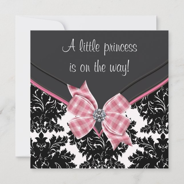 Convite Chuva de Bebê Princesa Laço Rosa Damask Preto (Frente)