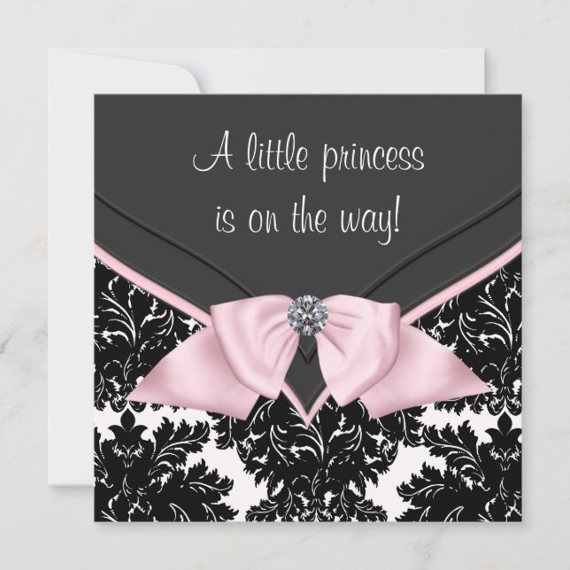 Convite Chuva de Bebê Princesa Laço Rosa Damask Preto (Frente)