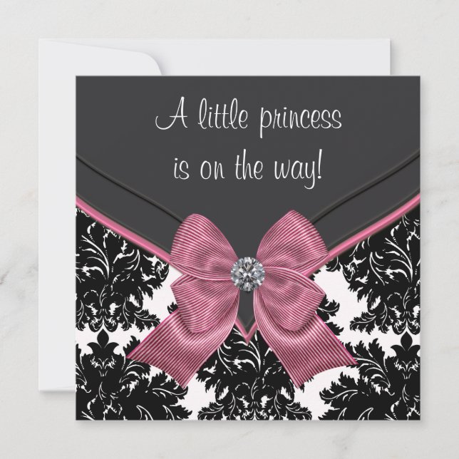 Convite Chuva de Bebê Princesa Laço Rosa Damask Preto (Frente)