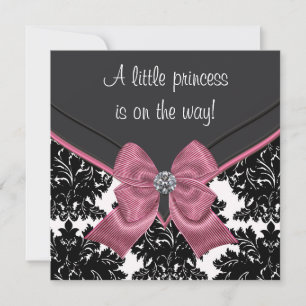 Convite Chuva de Bebê Princesa Laço Rosa Damask Preto