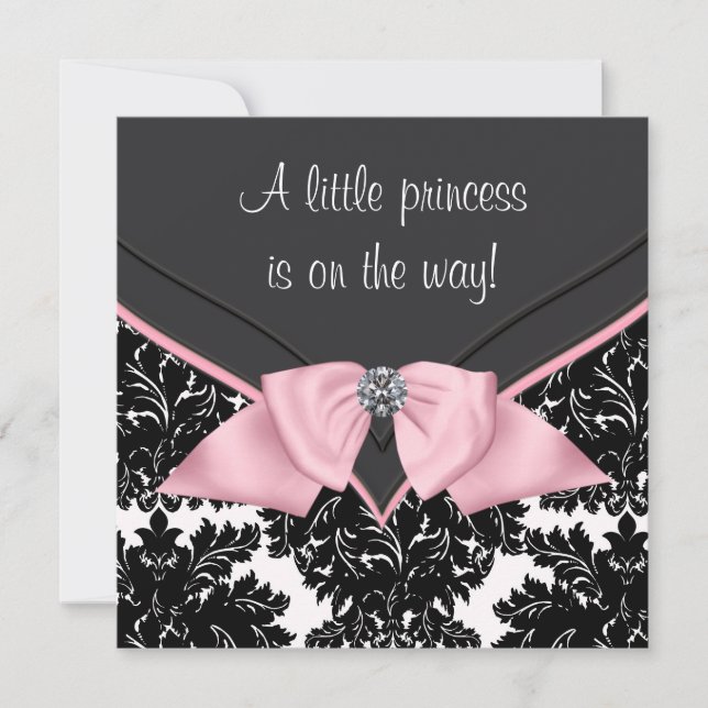 Convite Chuva de Bebê Princesa Laço Rosa Damask Preto (Frente)