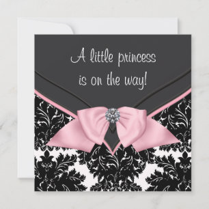 Convite Chuva de Bebê Princesa Laço Rosa Damask Preto