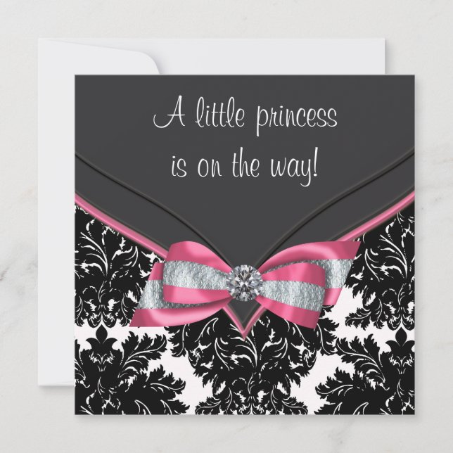Convite Chuva de Bebê Princesa Laço Rosa Damask Preto (Frente)