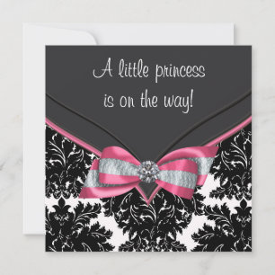 Convite Chuva de Bebê Princesa Laço Rosa Damask Preto