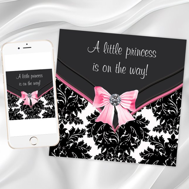 Convite Chuva de Bebê Princesa Laço Rosa em Damasco Preto (Pink black damask baby shower invitation. Add text of your choice to front and back. Digital & Print)