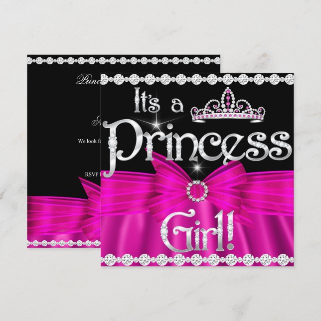 Convite Chuva de Bebê Princesa Laço Rosa Quente Tiara Prat (Frente/Verso)