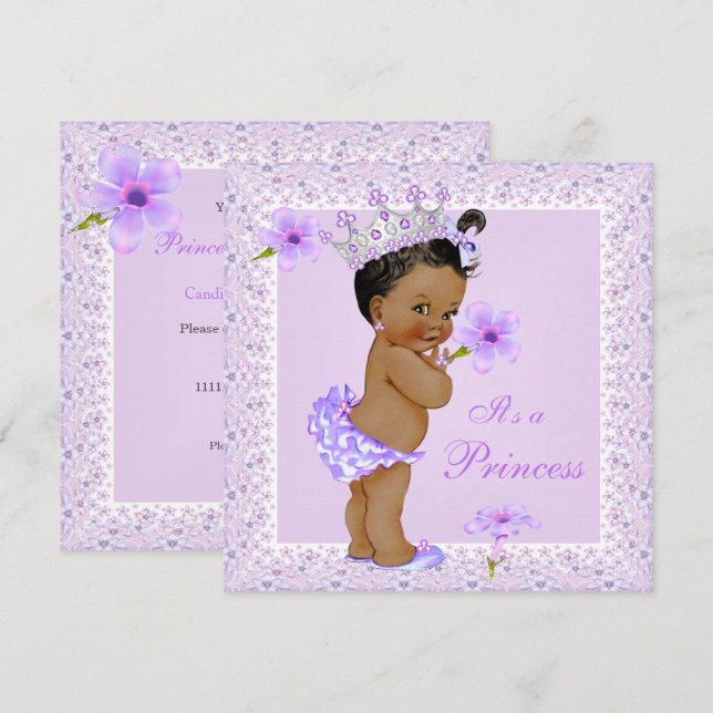 Convite Chuva de Bebê Princesa Lavanda Afro-Americana (Frente/Verso)