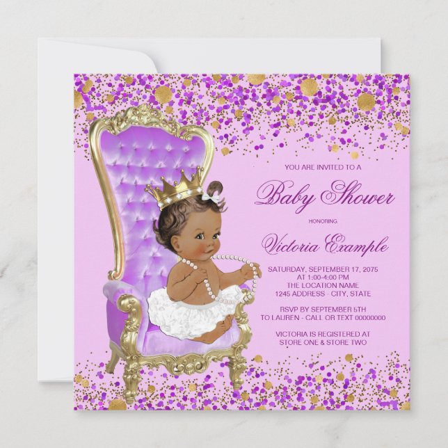 Convite Chuva de Bebê Princesa Lilás Dourada (Frente)
