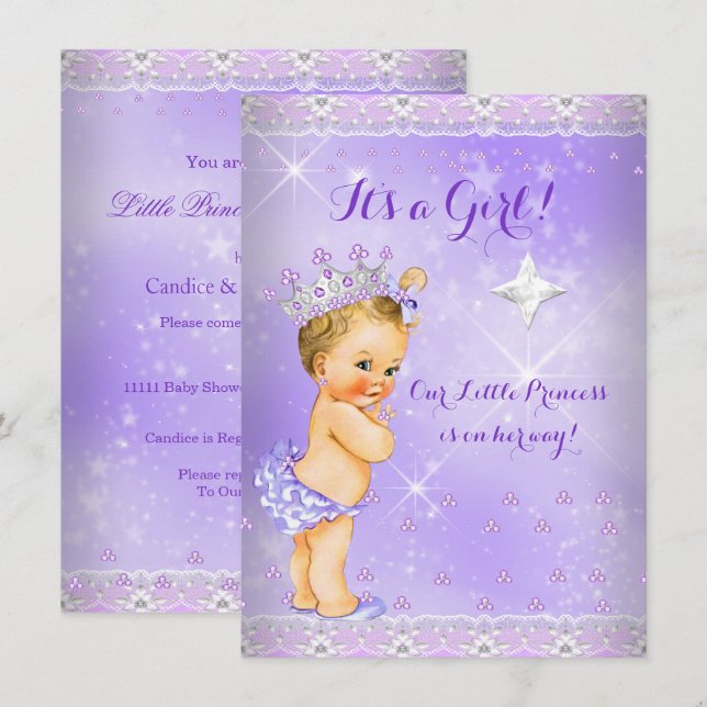 Convite Chuva de Bebê Princesa Lilás Lavanda Tiara Loira (Frente/Verso)