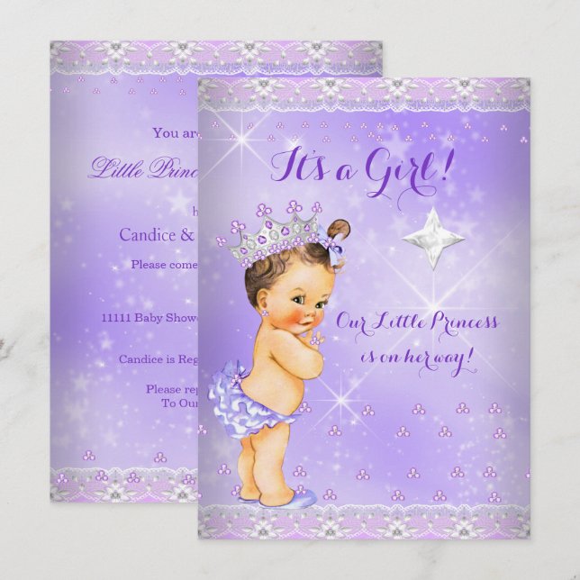 Convite Chuva de Bebê Princesa Lilás Lavanda Tiara Morena (Frente/Verso)