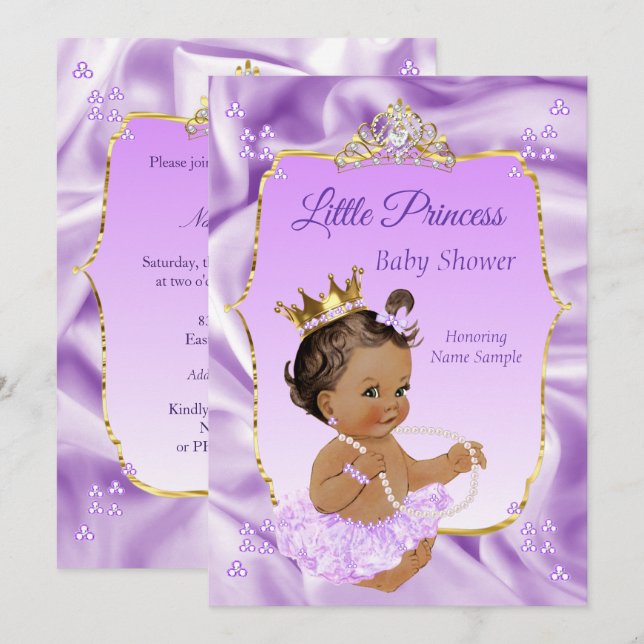 Convite Chuva de Bebê Princesa Lilás Menina Morena Escura (Frente/Verso)