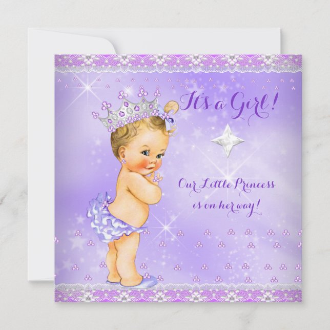 Convite Chuva de Bebê Princesa Lilás Roxo Lavanda Loira (Frente)