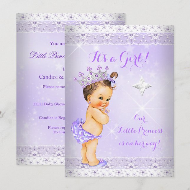 Convite Chuva de Bebê Princesa Lilás Tiara de Renda Morena (Frente/Verso)