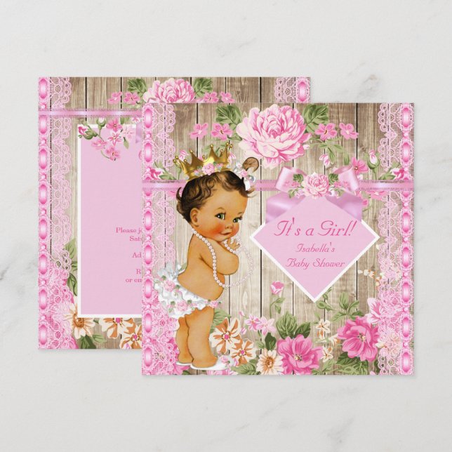 Convite Chuva de Bebê Princesa Madeira Rosa Rústica Morena (Frente/Verso)