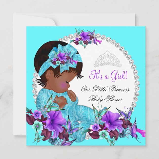 Convite Chuva de Bebê Princesa Menina Azul Teal Roxo D1 (Frente)