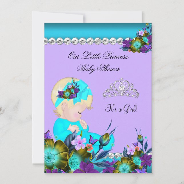 Convite Chuva de Bebê Princesa Menina Azul Teal Roxo Loira (Frente)