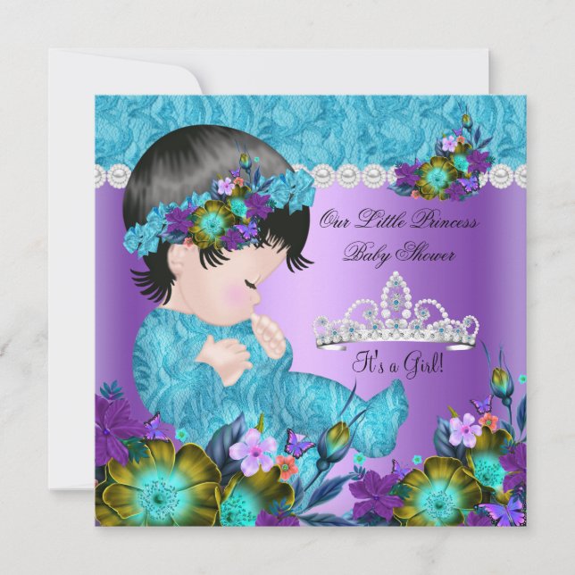 Convite Chuva de Bebê Princesa Menina Azul Teal Roxo Novo  (Frente)