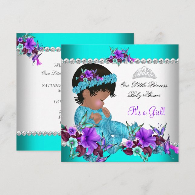 Convite Chuva de Bebê Princesa Menina Azul Turquesa Roxo 3 (Frente/Verso)