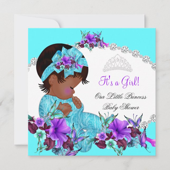 Convite Chuva de Bebê Princesa Menina Azul Turquesa Roxo C (Frente)
