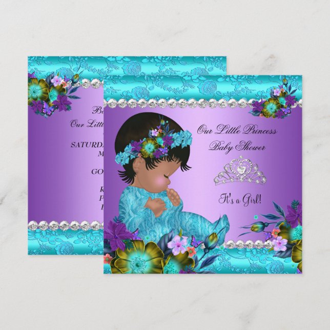 Convite Chuva de Bebê Princesa Menina Azul Turquesa Roxo D (Frente/Verso)