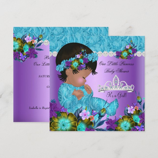 Convite Chuva de Bebê Princesa Menina Azul Turquesa Roxo N (Frente/Verso)