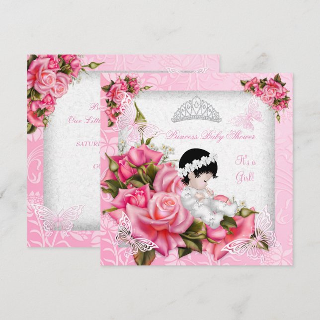 Convite Chuva de Bebê Princesa Menina Borboleta Rosa (Frente/Verso)