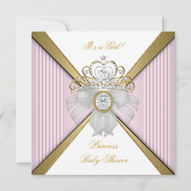 Convite Chuva de Bebê Princesa Menina Branco Rosa Dourado (Frente)
