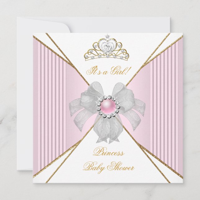 Convite Chuva de Bebê Princesa Menina Branco Rosa Pérola D (Frente)