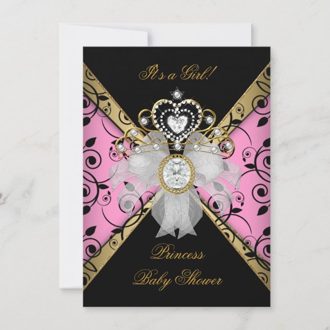 Convite Chuva de Bebê Princesa Menina Damask Preto Rosa (Frente)