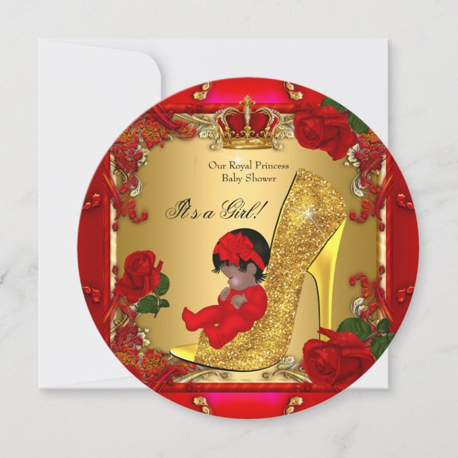 Convite Chuva de Bebê Princesa Menina Dourado Rosa Vermelh (Frente)