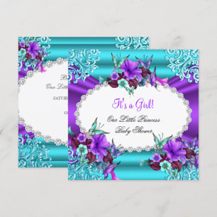 Convite Chuva de Bebê Princesa Menina Floral Teal Roxo