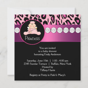 Convite Chuva de Bebê Princesa Menina Leopardo Rosa Vibran